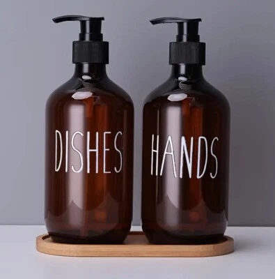 Modern Translucent Brown Soap Dispenser Set, Hands Soap, Dish Soap, Lotion, - Image 1 of 4
