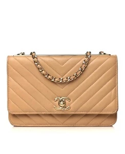 CHANEL Lambskin Chevron Quilted Trendy CC Wallet On Chain WOC Beige - Picture 1 of 11