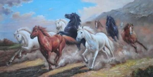 Gruppo Cavalli Selvaggi 30x60 Velocità con Grande Slancio Dipinto Olio Naturalismo - Foto 1 di 1