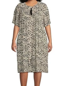 NWT GO SOFTLY PATIO 1X Ikat Print Zip Front V-Neck Crinkle Patio Dress - Picture 1 of 5