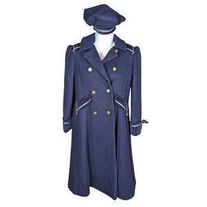 Vintage Wool Double-Breasted Nautical Theme Kids Peacoat with Hat Navy Blue L - Picture 1 of 17
