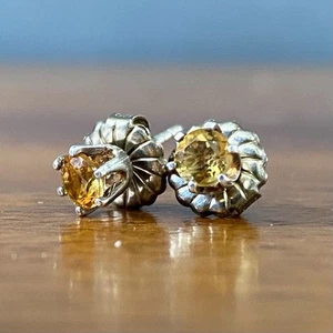 Vintage 925 Sterling Silver Citrine Yellow Stud Earrings November Birthstone - Picture 1 of 4