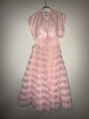 1950’s Vintage Pink Lace Ruffle Strapless Prom Fancy Dress with Bolero Jacket - Image 1 of 4