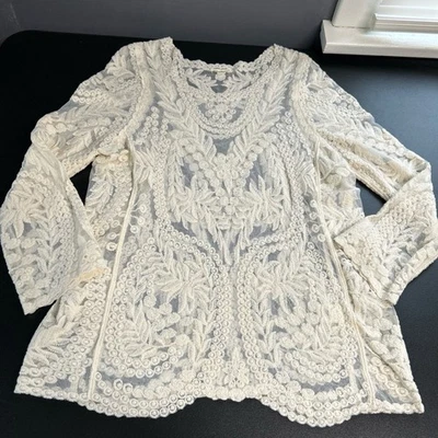 ULTRA PINK Ivory Sheer Lace Mesh Top Women's Medium Floral Romantic Victorian - Image 1 of 4