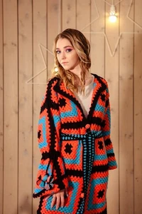 Handmade Granny Sqaure Afghan Coat,Pink Long Crochet Sweater(Made In India) - Picture 1 of 7