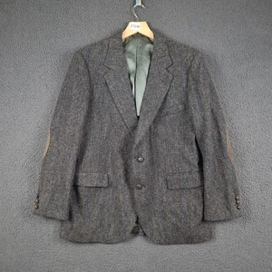 Vintage HARRIS TWEED Blazer Jacket Mens 44 Grey Herringbone Elbow Patch Wool 80s - Picture 1 of 13