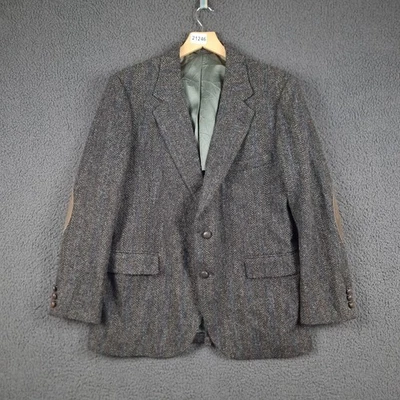 Vintage HARRIS TWEED Blazer Jacket Mens 44 Grey Herringbone Elbow Patch Wool 80s - Image 1 of 4
