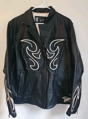 VICTORY MOTOCYL Damas XL Negro 100% Cuero Chaqueta Bordada Espalda Gráfico  Foto 1 de 4