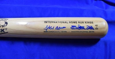 Bate firmado Hank Aaron Sadaharu Oh PSA ADN autógrafo International Home Run Kings Foto 1 de 3