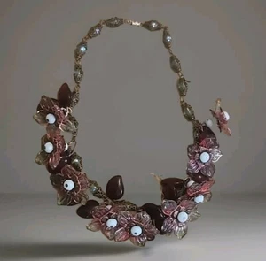 Glass Work Pink Blue Red Bead Flower Necklace Rhinestone Leaf Floral 17" New - Picture 1 of 21