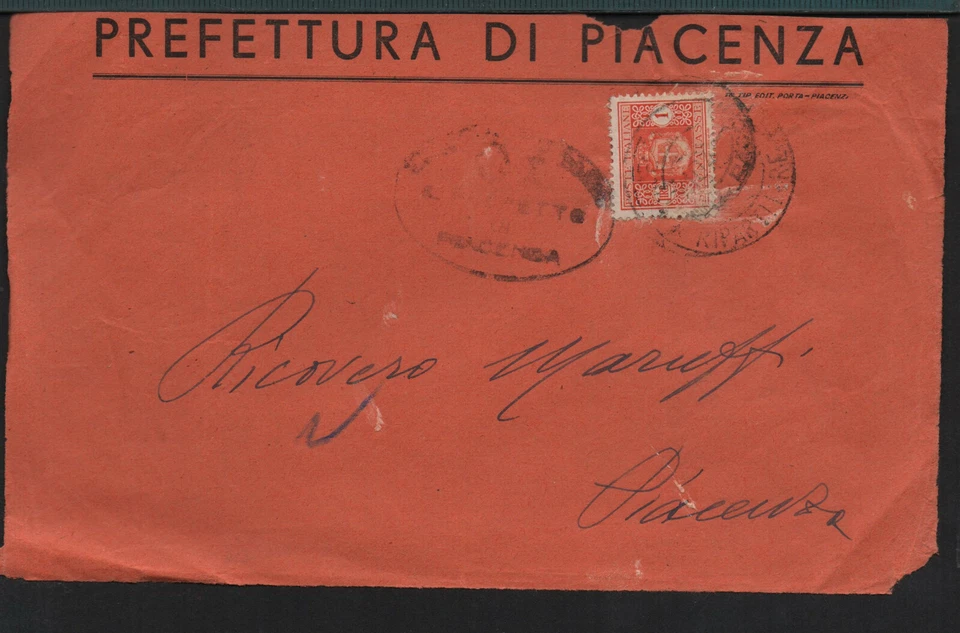 ✔️ ITALY ITALIA REGNO NICE FRONT COVER PREFETTURA DI PIACENZA SEGNATASSE - Image 1 of 1