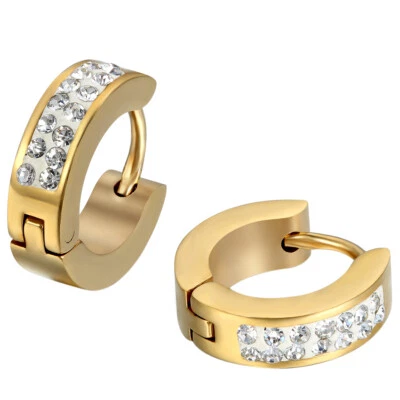 Pendientes Huggie de aro con dije de diamantes de imitación de acero inoxidable unisex para hombre y mujer 2 piezas Foto 1 de 4