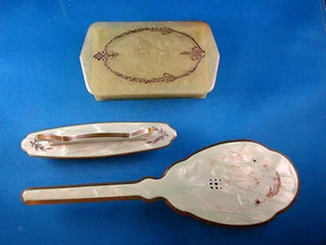 ANTIKES grünes ZELLULOID 3-TEILIGES WASCHTISCHSET BOX, PUFFER & BÜRSTE @C - Bild 1 von 12