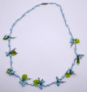 Vintage Venetian Murano Art Glass Necklace Blue Birds Green Leaves - Picture 1 of 10