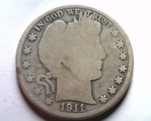 1911-D BARBER HALF DOLLAR GOOD G NICE ORIGINAL COIN FROM BOBS COINS FAST SHIP - Picture 1 of 2