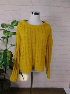 Mustard Cable Knit Chunky Sweater Cozy Fall Boho Large - Picture 1 of 10