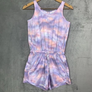 Athleta Girl On The Go Romper XL 14 Blue Purple Tie Dye Drawstring Pockets Logo - Picture 1 of 12