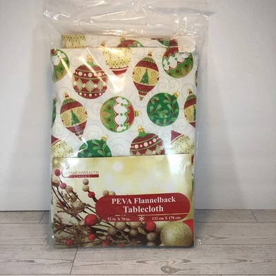 New PEVA Flannel back Table Cloth With Christmas Ornament Design 52 In X 70 In - Image 1 of 3