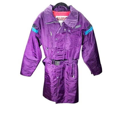 Traje de esquí Spyder de una pieza pequeño púrpura verde azulado con cinturón vintage años 80 hecho en Hong Kong Foto 1 de 4