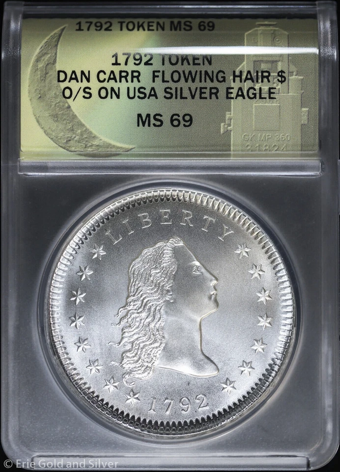 Ficha de sobregolpe de cabello suelto Dan Carr 1792 en Silver Eagle ANACS MS 69 - Imagen 1 de 4