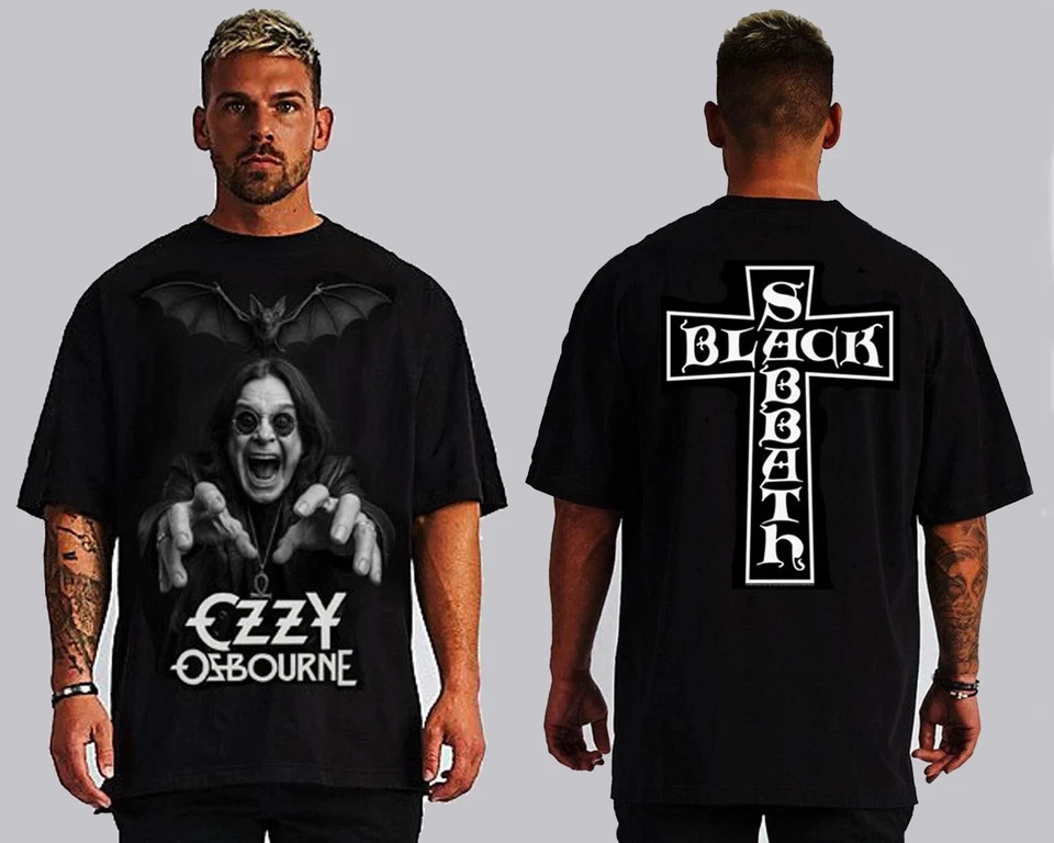 OZZY OSBOURNE BAT HARD ROCK FRONT AND BACK PRINT BLACK T SHIRTS MEN SIZES - Image 1 of 1