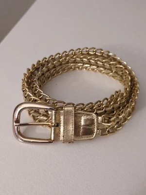 Cinturón de cinta tejida con cadena de metal tono dorado de la década de 1980 discoteca retro boho ajustable 36" Foto 1 de 4