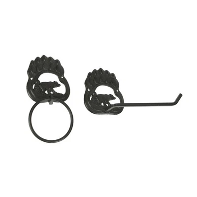 Rustic Cast Iron Black Bear Paw Towel Ring and Holder Set - Image 1 of 4