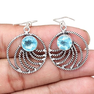 Swiss Blue Quartz Gemstone Gift For Her Silver Jewelry Earrings 1.75" - Picture 1 of 7