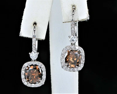 $38,800 18K White Gold GIA Fancy Dark Brown Cushion Diamond Halo Dangle Earrings - Image 1 of 4