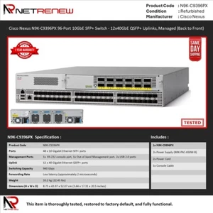 Cisco Nexus N9K-C9396PX 48-Port 10GbE SFP+ Switch - 12x40GbE QSFP+ (Back to F.) - Picture 1 of 1