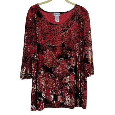 Blusa de terciopelo Burnout Catherines para mujer talla 1X roja floral cachemira mangas 3Q Foto 1 de 4