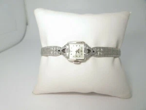 Reloj Benrus Oro Blanco 14K Mujer Vintage Bandera Logo Banda Flexible Talla 7 Funciona W057 - Imagen 1 de 8