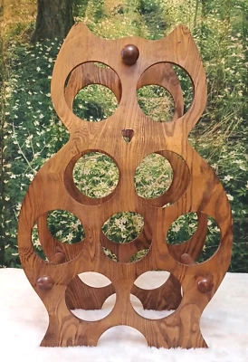 VINTAGE MCM WOOD OWL LARGE WINE RACK 9 BOTTLE  BOHO DECOR 21" x 14" - Image 1 of 4