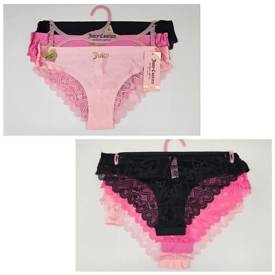 Paquete de 3 bragas de encaje descaradas satinadas JUICY COUTURE para mujer S M L XL negras fucsia rosa Foto 1 de 4