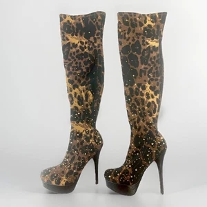 BAKERS 6.5 Leopard Print Thigh High Burlesque Boots Platform Rhinestone EUC - Picture 1 of 9