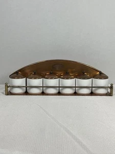 Vintage MCM Copper And White Ceramic Spice Rack Mini Canisters Hanging Rack - Picture 1 of 23