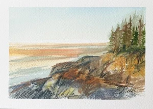 Watercolor Painting Orig. Sunrise at Deep Cove Acadia Natn'l Park Signed 5x7 - Picture 1 of 3