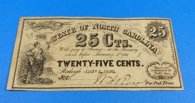 1863 NC Fractional .25c Note, Civil War, VF, Serial #302, Printing on Back, Exc! - Image 1 of 3
