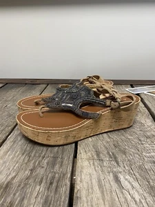Anthropologie Free People Silver Bead Cork Platform Wedge Thong Sandals Sz 6.5 - Picture 1 of 4