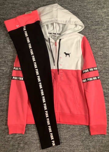 UNDERCOVER Felpa con cappuccio Victoria's Secret rosa colorblock cerniera intera + leggings corallo cosmico L nuova con etichette