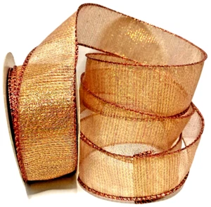 Wired Ribbon Red Metallic Gold 1.5" x 10 Yards Satin Sheer Floral LOT OF 2 - Picture 1 of 9