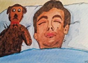 ACEO Original - Wake Up Mr. Bean mit Teddybär - Aquarell 2,5 x 3,5 signiert - Bild 1 von 4