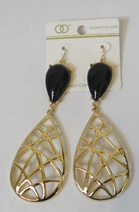 FASHION LEADER golden Tone w black double tier drop dangling hook Earrings - Picture 1 of 2