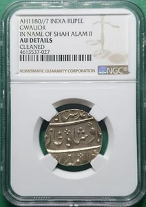 AH1180/7 INDIA RUPEE GWALIOR IN NAME OF SHAH ALAM II SILVER NGC AU DETAILS CLEAN - Picture 1 of 3
