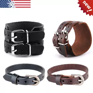 Retro Punk Rock Wide Leather Belt Cuff Bracelet Wristband Bangle Men's Women's - Picture 1 of 24