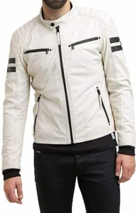 Chaqueta de cuero genuina de piel de cordero para hombre Chaqueta blanca de motociclista -003 - Imagen 1 de 3