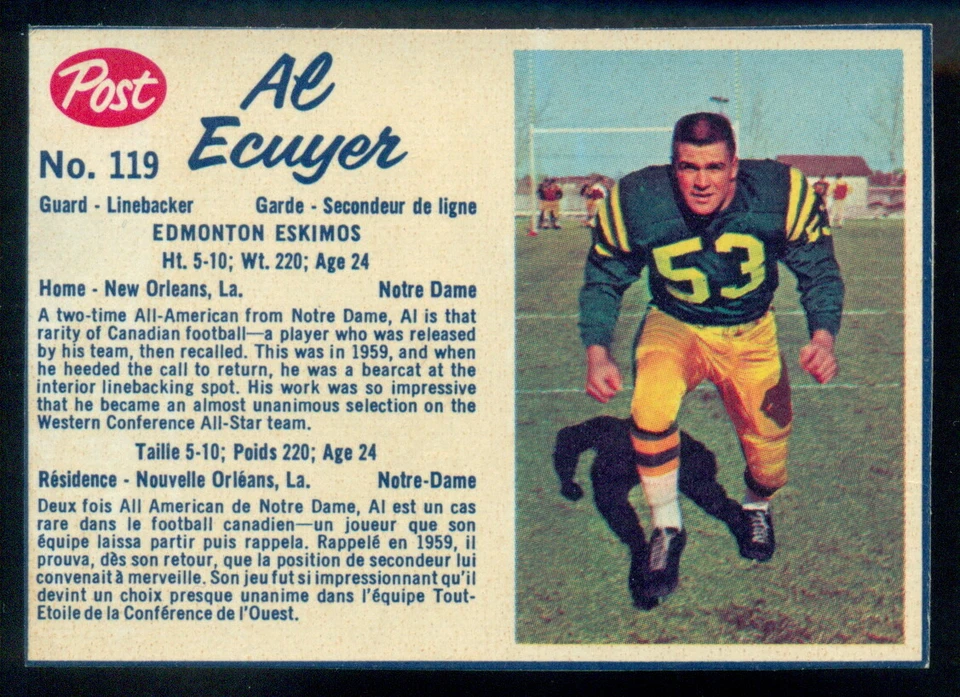 1962 POST CFL FOOTBALL #119 AL ECUYER NM EMONTON ESKIMOS NOTRE DAME Card - Image 1 of 2