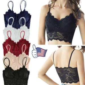 Sexy Women Lace V Neck Padded Lingerie Crochet Bralette Bra Crop Top Cami Tank - Picture 1 of 25