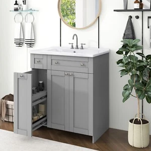 30 Inch Grey Bathroom Vanity with Ceramic Sink Combo, Ample Storage Cabinet - Picture 1 of 11
