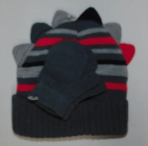 Toddler Boys Knit Hat & MItten Set Dinosaur Gray Black Red Preschool - Picture 1 of 5